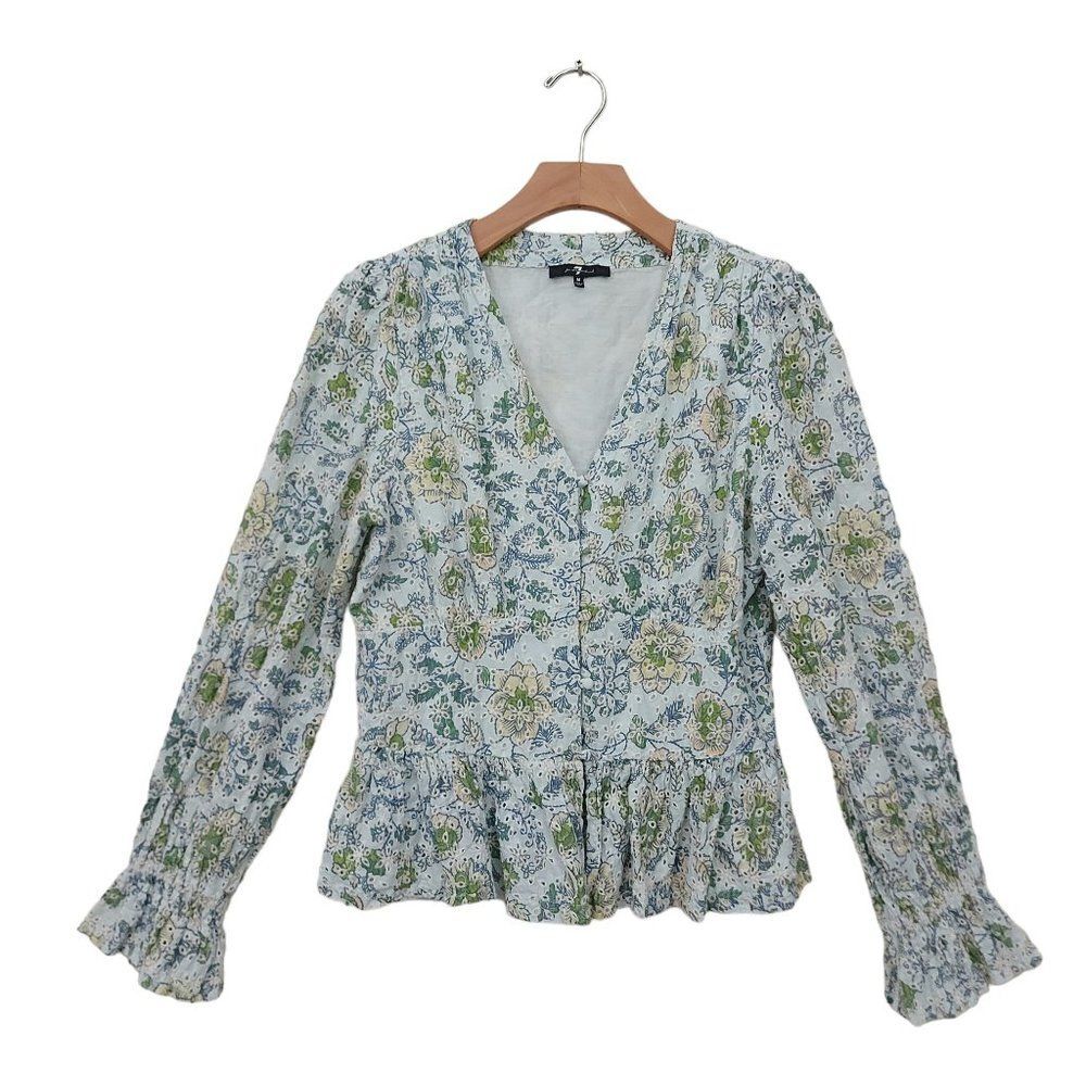 7 For All Mankind Boho Blouse Womens Medium Green Eyelet Embroidered Floral